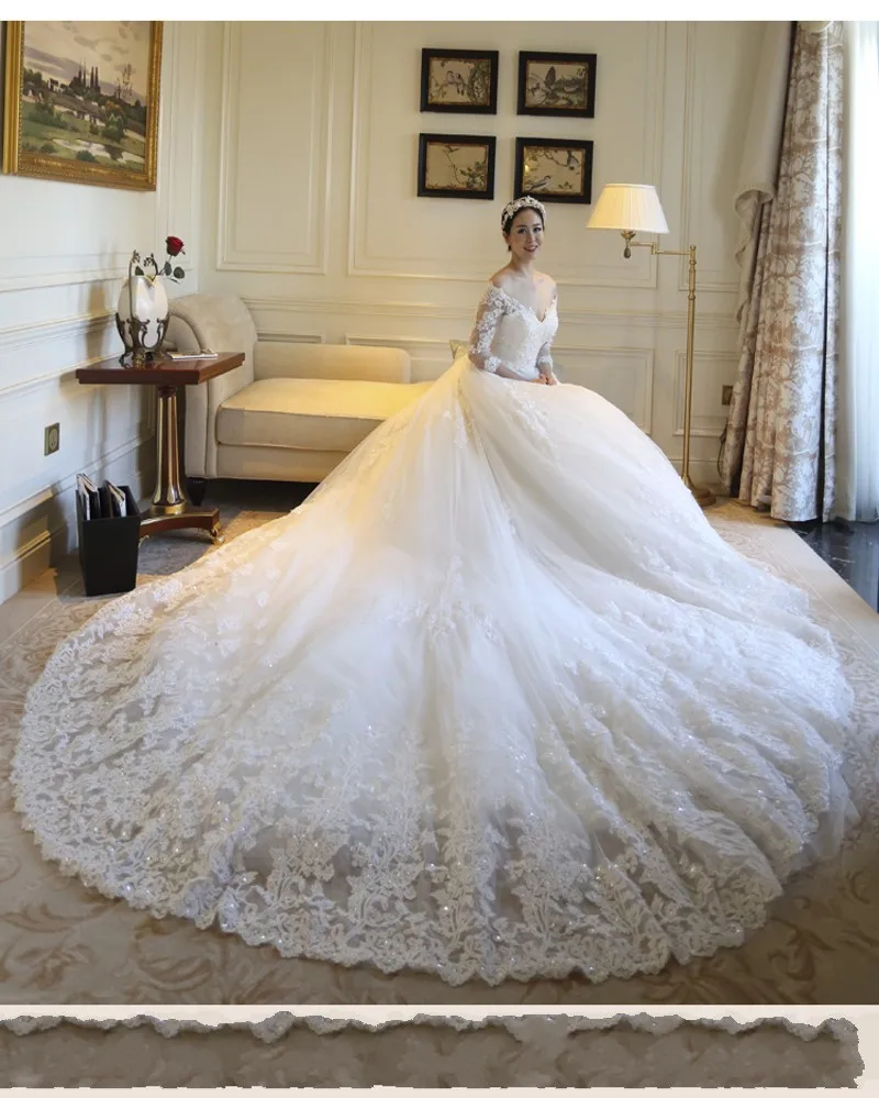 Vestido-de-noiva-Ball-Gown-3-4-Sleeves-Wedding-Dress-Cap-Sleeve-Royal-Tail-Luxury-Wedding