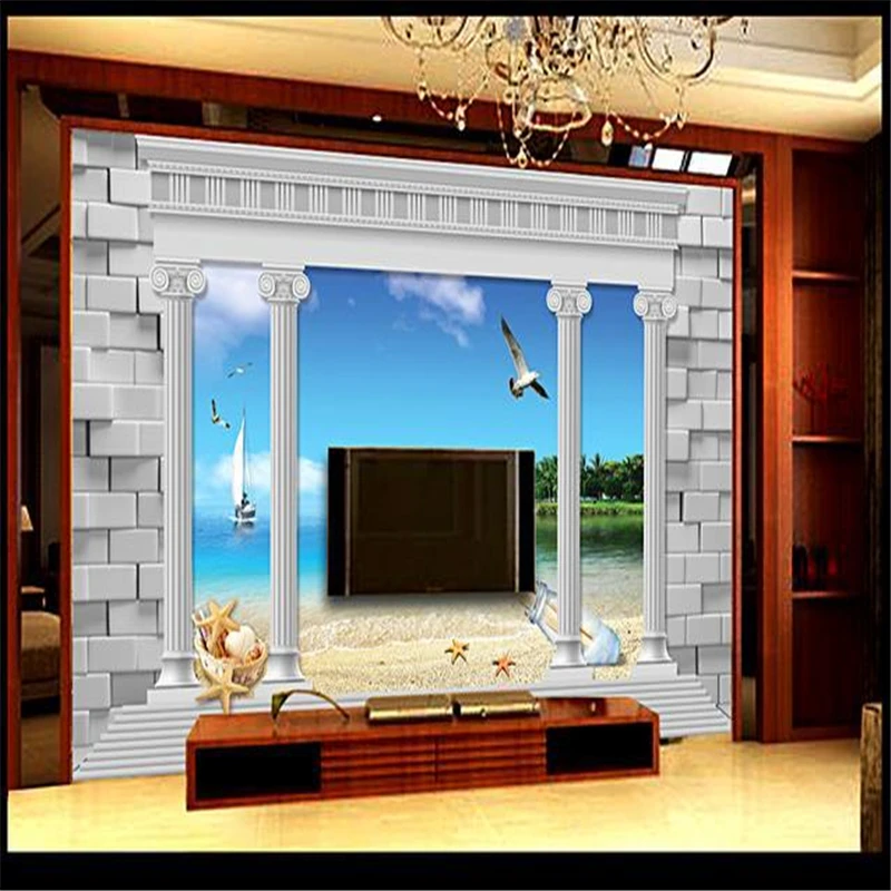 

beibehang 3d stereoscopic marble pillar beach murals Europe TV backdrop wallpaper living room bedroom murals papel de parede