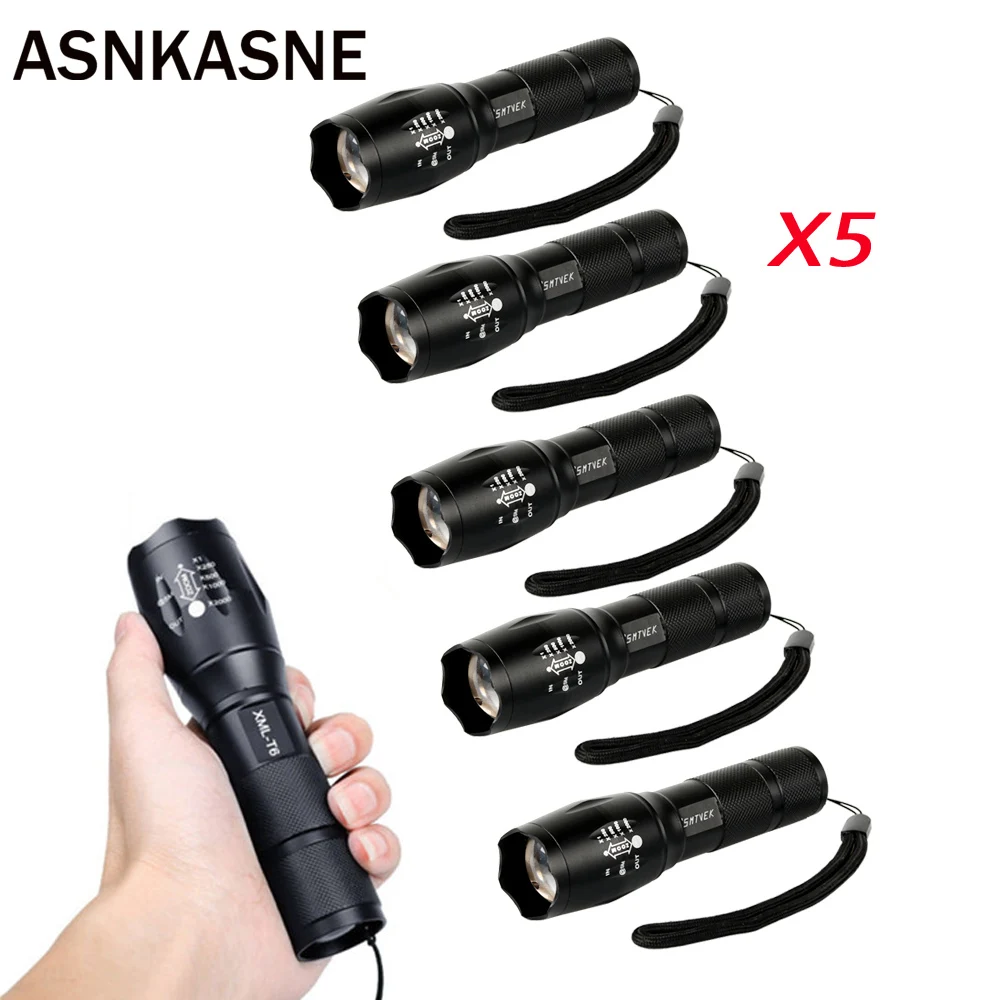 

ASNKASNE Wholesale 5 Pcs Ultra Bright 5 Mode CREE XML T6 Zoomable Led Flashlight Waterproof Torch Lights Free shipping