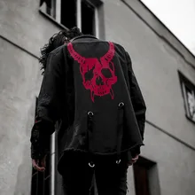 2020 harajuku gótico demônio caçador crânio denim jaqueta masculina rock punk heavy metal moletom sudadera suspensórios buraco streetwear