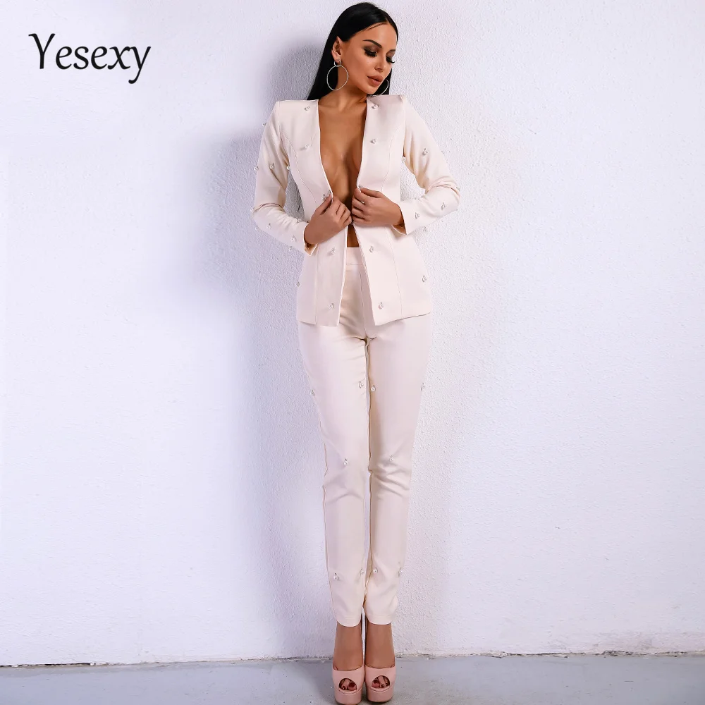 

Yesexy 2019 Sexy Long Sleeve Button Two Pcs Women Suit Set Solid Color Autumn Winter Deep V Neck Women Blazer Sets VR8720