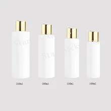 100/150/200/250ml garrafas plásticas brancas com tampão do disco do ouro, óleos essenciais cosméticos que empacotam a garrafa líquida do sabão do gel do champô