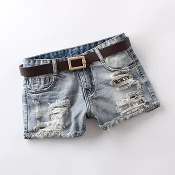

Newest Mid Waist Light Blue Hole Printing Vintage Bleached Washed Button 100% Cotton Denim Shorts Women'S Denim Shorts S80