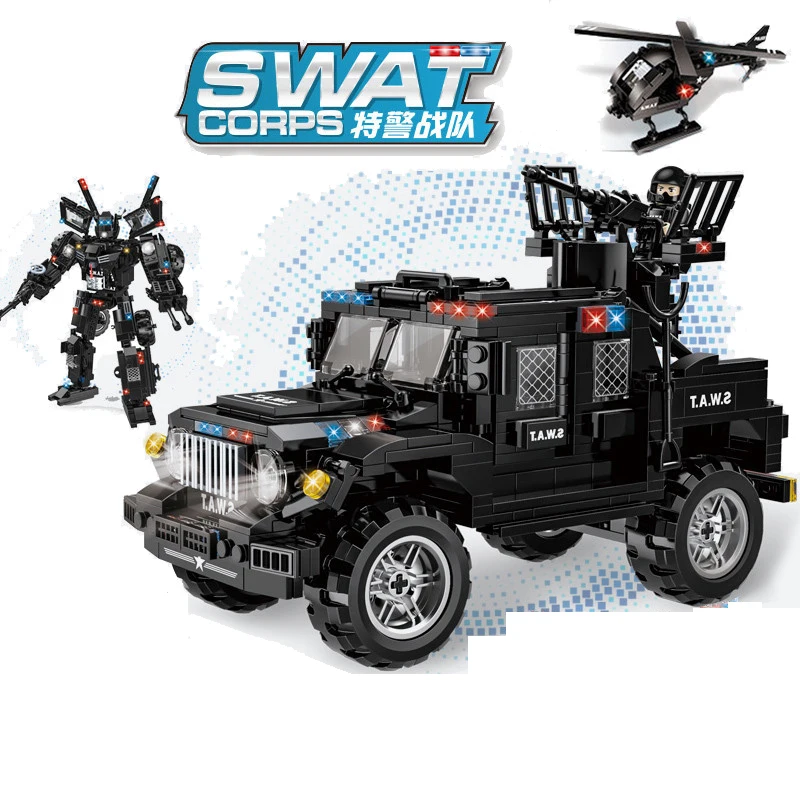 

648pcs Children's educational building blocks toy Compatible Legoingly city SWAT team 2in1 Wrangler armed off-road vehicle gift