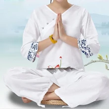 Новинка, женские костюмы для занятия йогой, весенне-летние хлопковые и льняные костюмы с принтом лотоса, одежда для медитации, ведущий женский комплект одежды Тай Чи