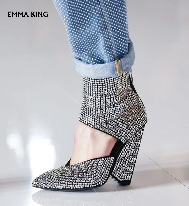 

2019 New Bling Rhinestones Wedges High Heels Ankle Boots Women Back Zipper Crystal Gladiator Pumps Women Party Ladies Shoes