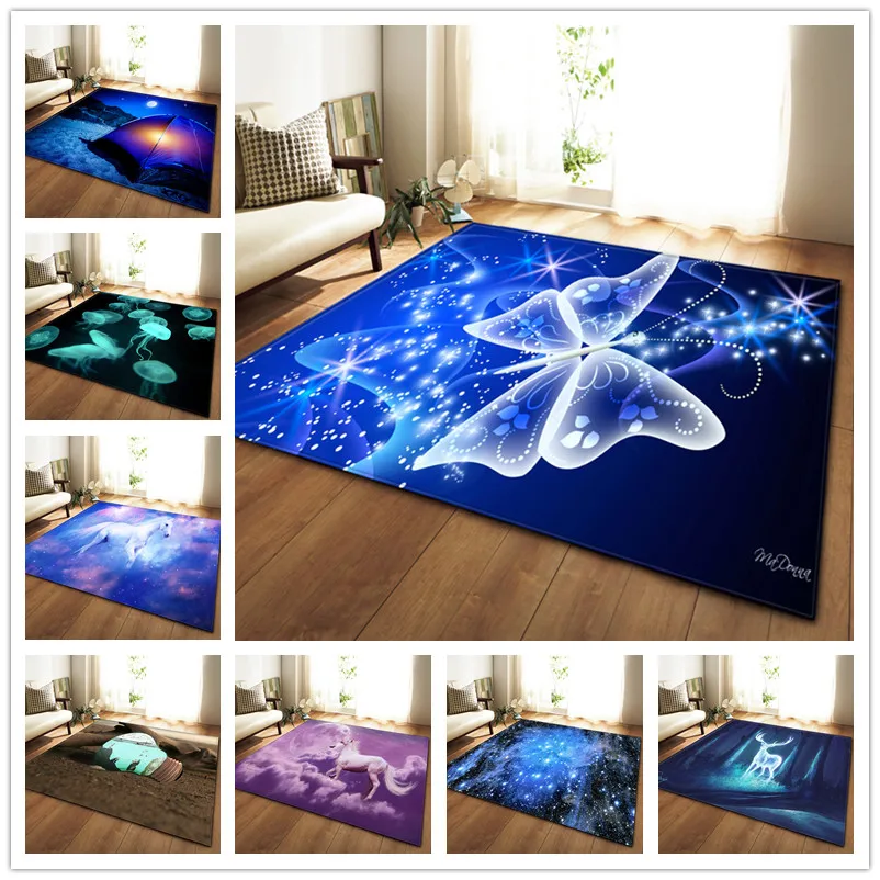 

Modern Large Size Floor Mat 3D Dream Unicorn Butterfly Printed Carpets Home Decor Rug Soft Flannel Bedroom Living Room Area Rugs