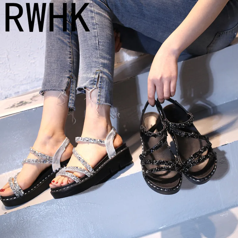 

RWHK 2019 summer new sandals female flat bottom wild muffin thick platform waterproof platform with sequin sandals B245