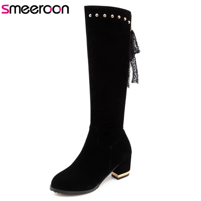 

Smeeroon 2018 fashion autumn style winter zip boots women round toe high knee high quality flock boots high heels black