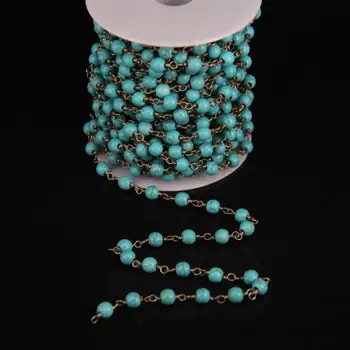 

5Meter,Blue Turquoises Smooth Round beads Chain,Link Brass Wire Wrapped Rosary Chain DIY Woman sweater chains Necklace