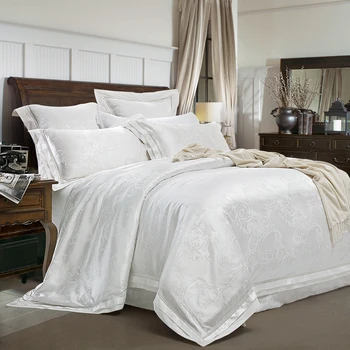 

4/6 Pcs Luxury White Golden Red King Queen size Wedding Bedding Sets Satin Cotton Jacquard Bed sheet Duvet cover set 39