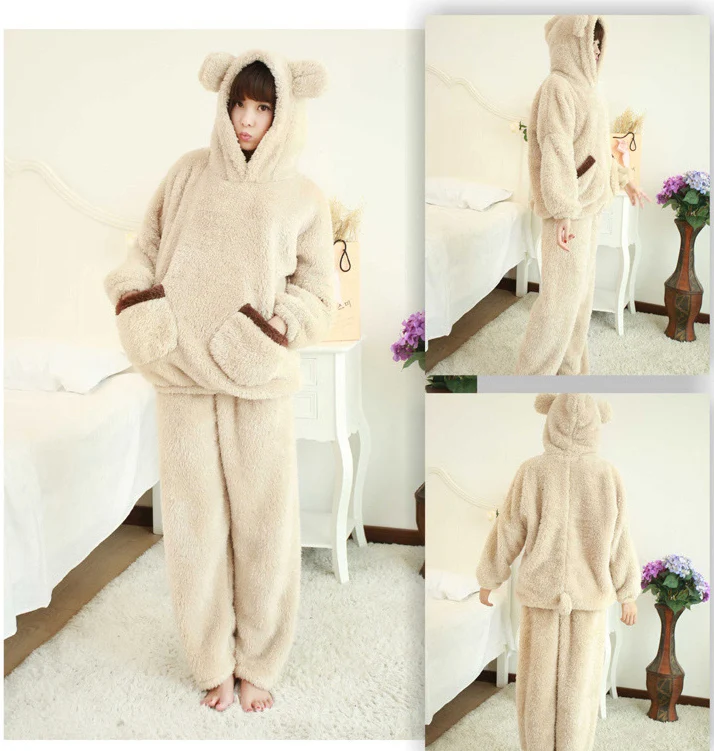 

2020 New Autumn Winter Women Flannel Pajamas Set Bear Hooded Pajamas Sleepwear Coral Fleece Thickened Warm Pyjamas Home Clothing