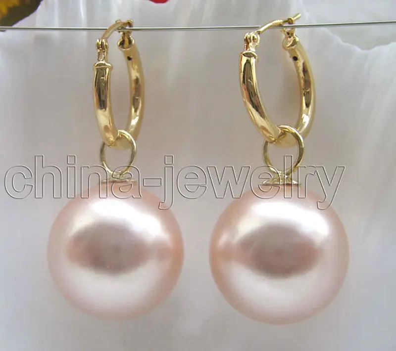 

Free Shipping >>>>Beautiful 16mm pink perfect round sea shell pearl earring - 14k gold filled