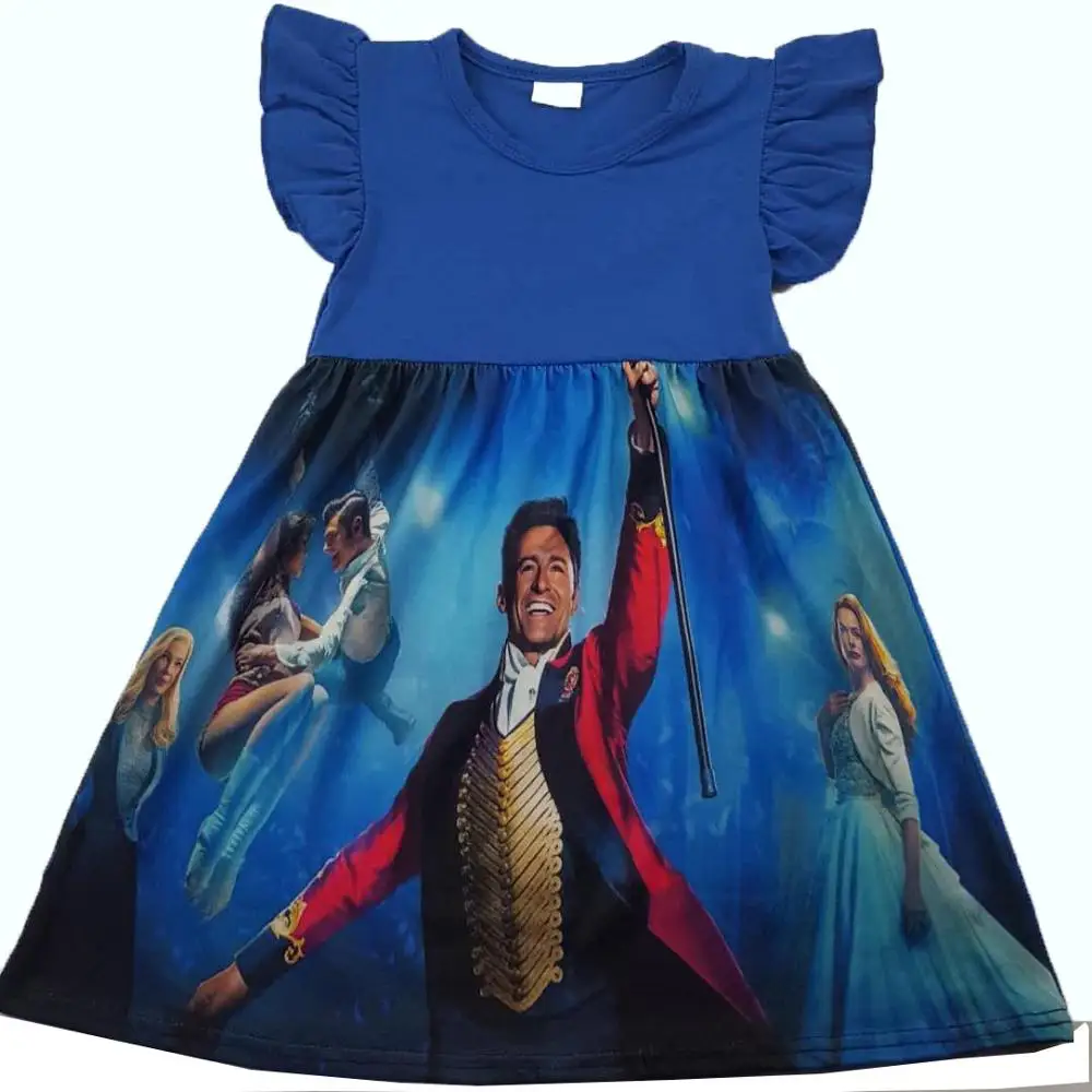 

New summer blue flying sleeve printed prince elsa children princess dresses