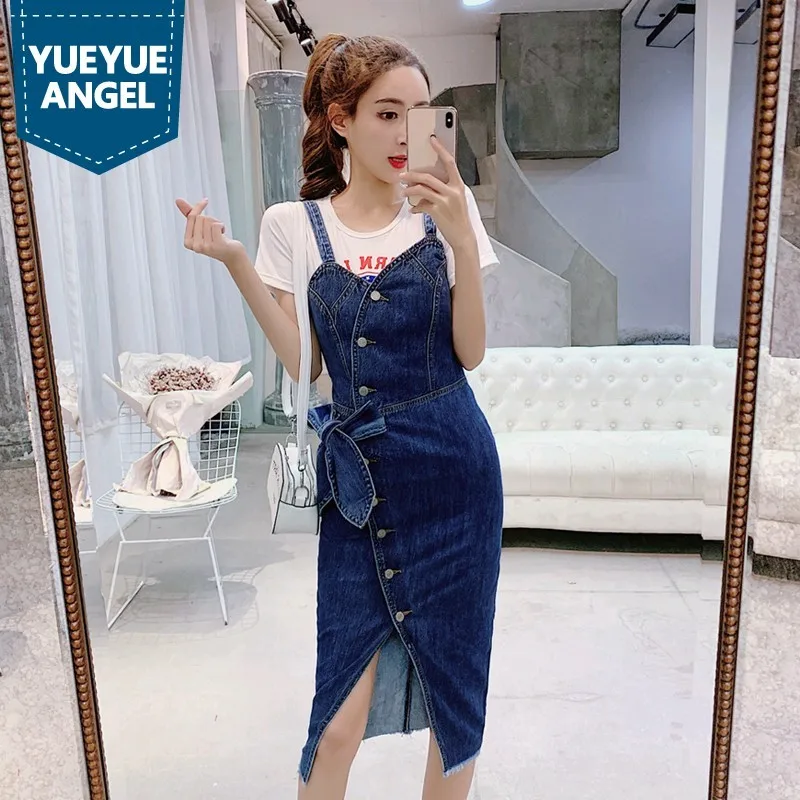 

Hot Sexy Summer Women Sleeveless Suspender Strapless Denim Dresses Medium Length Bow Slim Fit Ladies Fashion Sheath Wrap Dresses