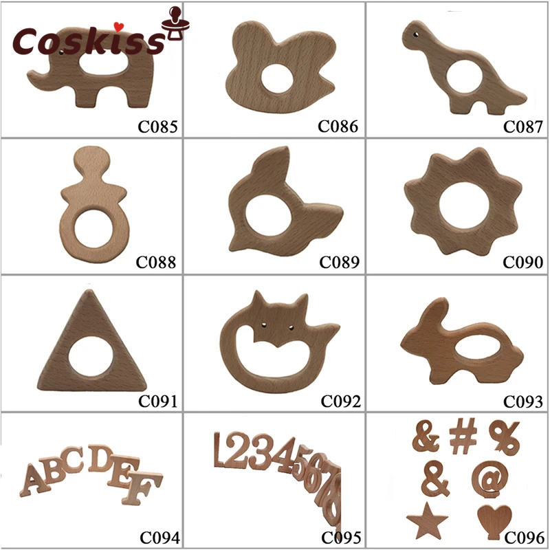 

10pcs Smooth Beech Wood Baby Teether Cartoon animal Natural en Teethers, Teething Accessories, Chew Toys unicorn
