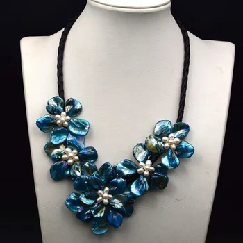 

Blue Baroque shell White Pearl Flower choker necklaces for women