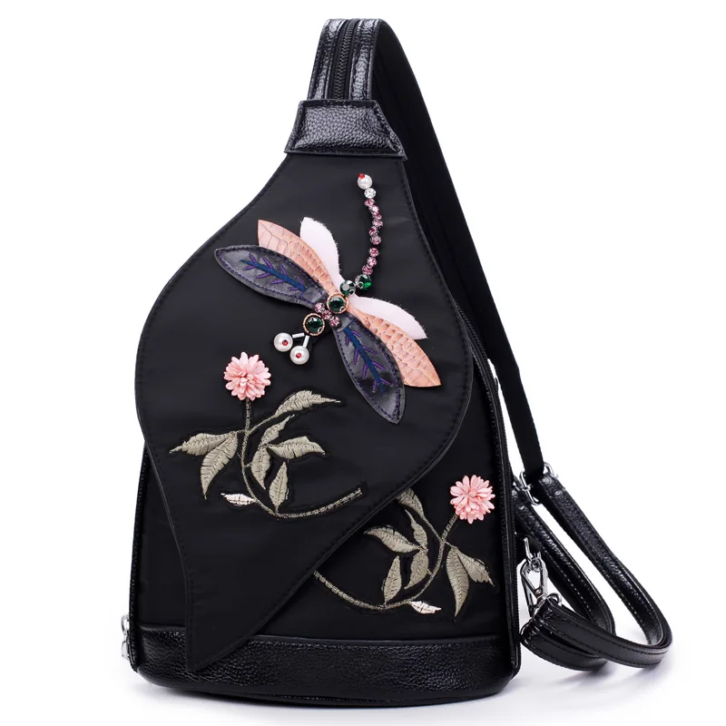 Женский рюкзак со стразами и стрекозой, с вышитыми цветами, Оксфорд, женский рюкзак в китайском стиле, школьные сумки для девочек, Mochila - Цвет: Black