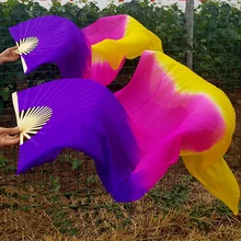 Окрашенные 2 шт. = 1 пара бамбук ребра длинные шелковые Вентиляторы для танца живота натуральный шелк фаты вентилятор шоу на сцене реквизит Вентиляторы 1.5 м/1.8 м/2.1 М