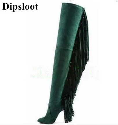 Zehe the Schuhe Heels Lange as Pictures Frauen Chunky knie Freies Schaffell Runde Herbst Over Quaste Stiefel Verschiffen Zip Grün 2017 Dipsloot q0EfSxpz