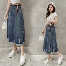 Модная женская джинсовая юбка Женский Весна и осень Уайлд Высокая талия юбка весна длинный участок был тонкий Платье с принтом из слов MS