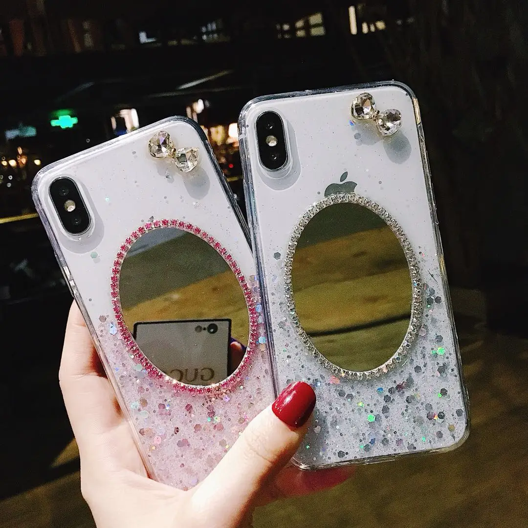 

Oval Makeup mirror Phone case For iphone 6 Case For iphone X 6S 6 7 8 Plus Glitter epoxy Bowknot Soft TPU Back Cover Shell Cases