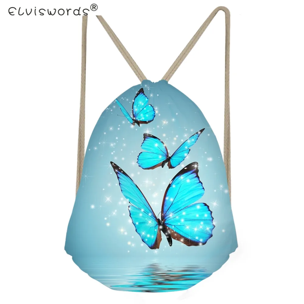 ELVISWORDS Small Women Drawstring Bag Sweet Butterfly Printed Sport Female Drawstring Backpacks Travel Storage Bag for