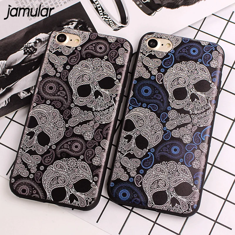 

JAMULAR Cool Relief Skull Fitted Case For iphone 6 6S 5s SE Soft Embroidery Back Cover For iphone 7 8 Plus 10 X Fundas Cases