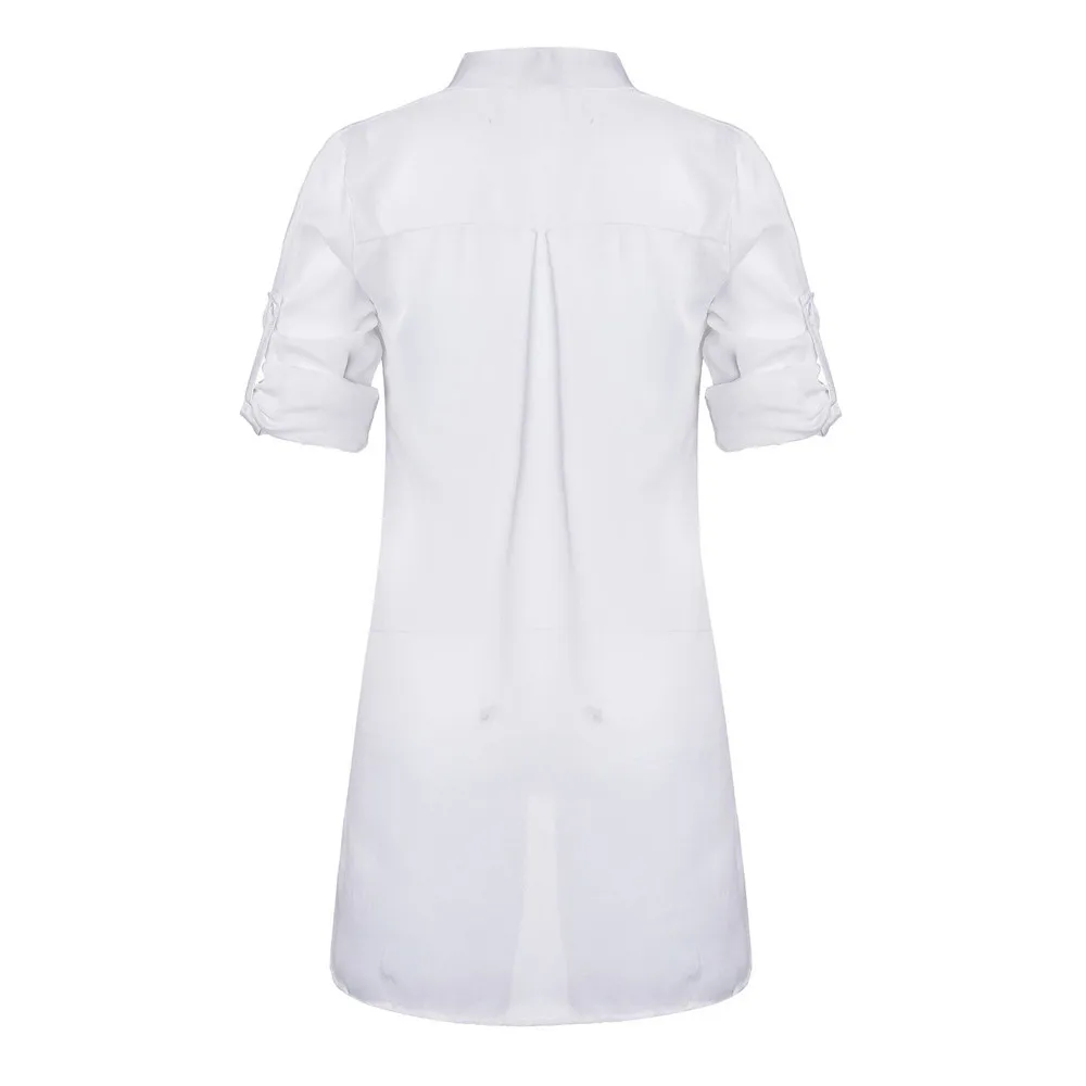 شحن النعامة النساء ملابس الصيف الخامس الرقبة طويلة الأكمام الشيفون البلوزات الصلبة سيدة مكتب العمل ضئيلة قميص قمم قميص فام C2935