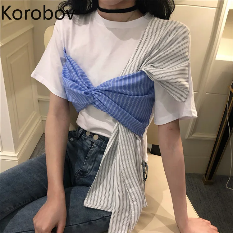 

Korobov 2019 New Arrival Hit Color Striped T Shirt Women Tee Short Sleeve Bow Patchwork T-shirts Vintage O-neck T Shirts 77636