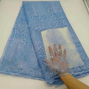 

New Sky Blue High quality French Net Mesh Lace Swiss Voile Lace Fabric with Stones African Lace Fabric for Women Dress 5 Yards
