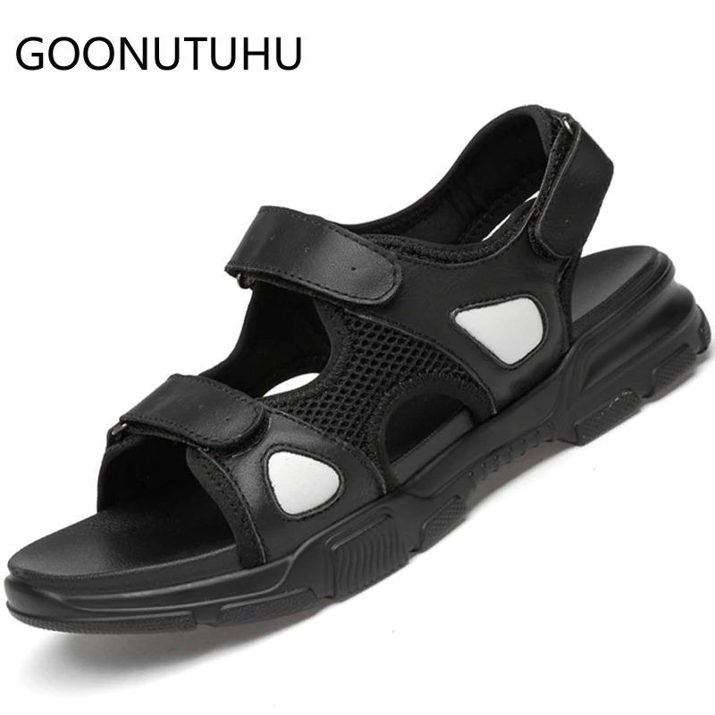 

2019 new style men's sandals casual genuine leather mesh shoes man summer beach sandal man shoe black white flat sandals for men