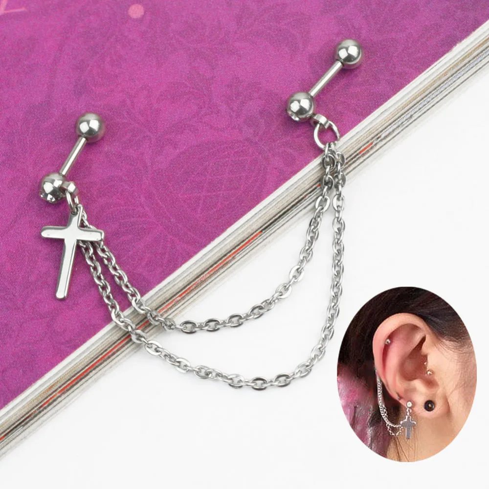 Refaxi 316L Surgical Steel Barbell Earring Cross Double Chain Ear Cuff