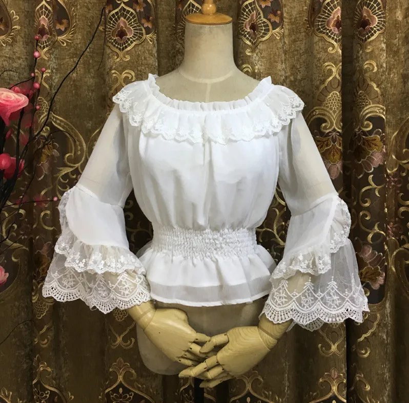 

Short Design Chiffon Lace Shirt Sweet Lolita Flare Sleeve White/Black Basic Shirt Blouse See through Sleeve Female Tops