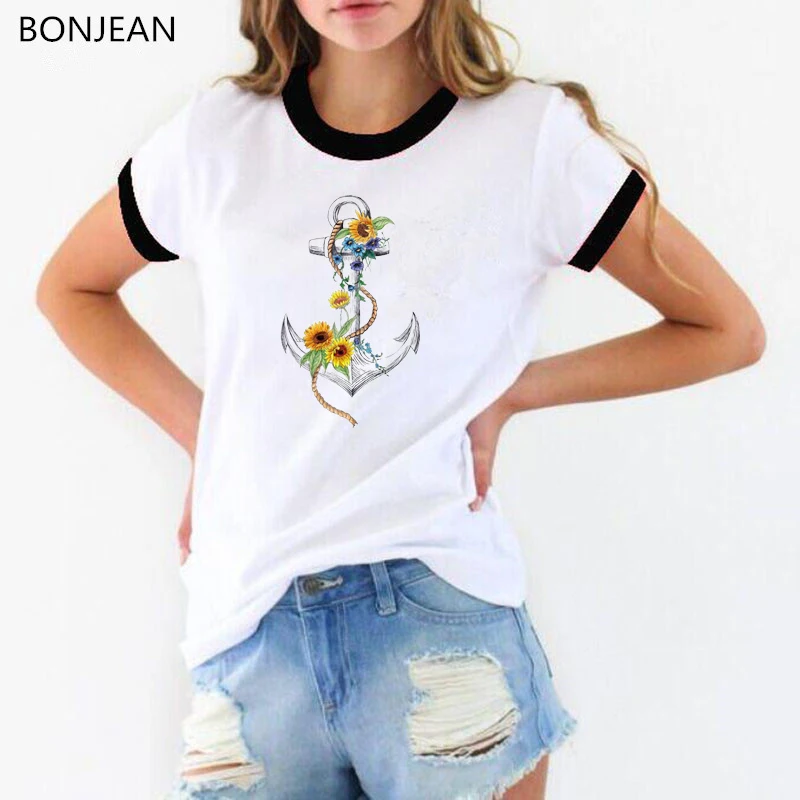 

2019 Summer Tops t-shirt femme Watercolor Rose Chrysanthemum Anchor printed t shirt women harajuku kawaii tshirt female