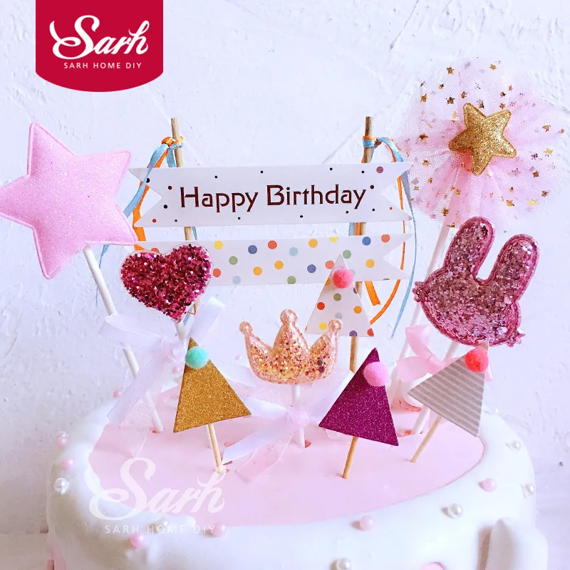 

1 Set Pink Love Crown Collection "Happy Brithday" Triangel Flag with Ribbon Cake Topper for Party Decoration Dessert Cute Gifts