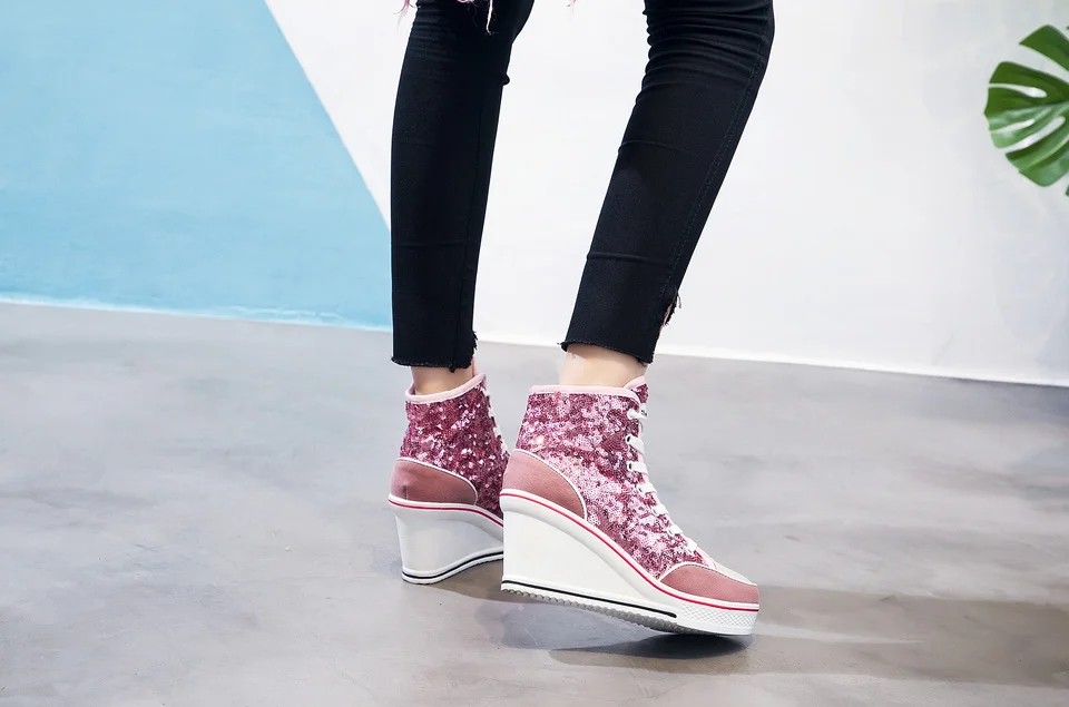 Женская обувь; сезон весна-осень; цвет розовый, черный, серебристый; блестящая Вулканизированная обувь; женские кроссовки на танкетке; Повседневная обувь; Zapatos De Mujer