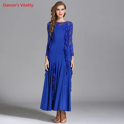 Бальное танцевальное платье для взрослых женское кружевное платье с длинными рукавами и рюшами большие свинг-платья для женщин Танцы Вальс Танго тренировочные костюмы - Color: Deep blue