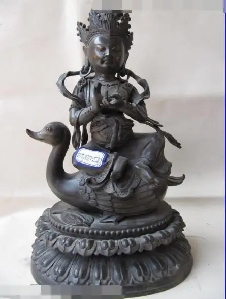 

S03485 13"Tibetan Bronze Carved Rride on duck Kwan-yin Statue B0403