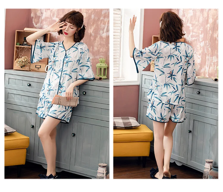 Yidanna Для женщин шелковые пижамы набор летние шорты с длинными рукавами одежда для сна Женская мода ночная рубашка с цветочным узором Леди