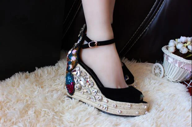 

Studded women's high wedges platform sandals peep toe ankle strap heels nude black rhinestone sandals bling butterfly decoration