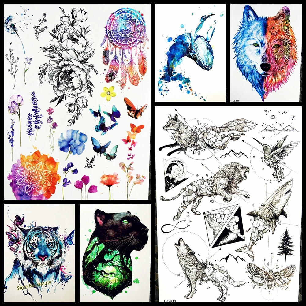 

Chic Blue Watercolor Butterfly Tiger Temporary Tattoo For Men Women Body Art Henna Tatoo Fake Waterproof Arm Back Tattoo Sticker
