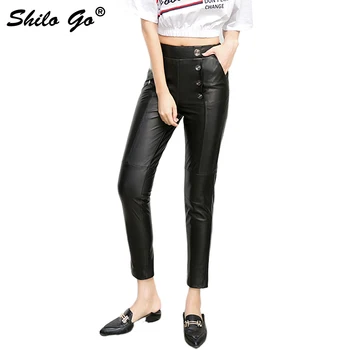 

Streetwear Leather Pencil Pants Women Spring Casual Double Breasted Sheepskin Geuine Leather Capris Black Streach Wasit Pants