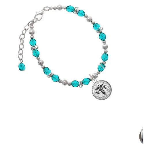 Silvertone Domed Black VET Teal Beaded Bracelet