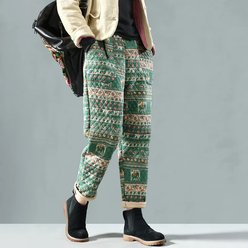 

Winter Pants Women Retro Thicker Loose padded pants New Elastic Waist pocket Print Blended Female Casual Pants 2018