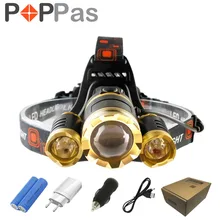 POPPAS LED Headlamp 10000LM CREE 3T6 Chips Headlight Rechargeable Zoom Head Light Flashlight Hunting 18650 Battery Charger