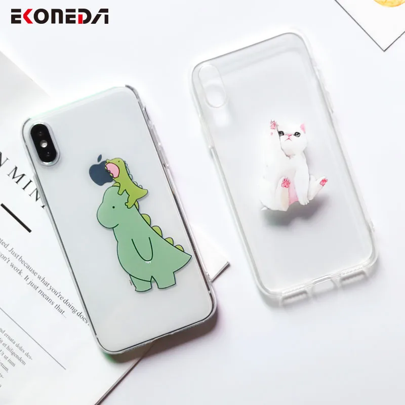 EKONEDA Silicon Funny Cartoon Animal For iPhone XS Max X 7 6S Case Transparent Cat Dinosaur Spoof Logo For iPhone 7 8 6S 6 Case