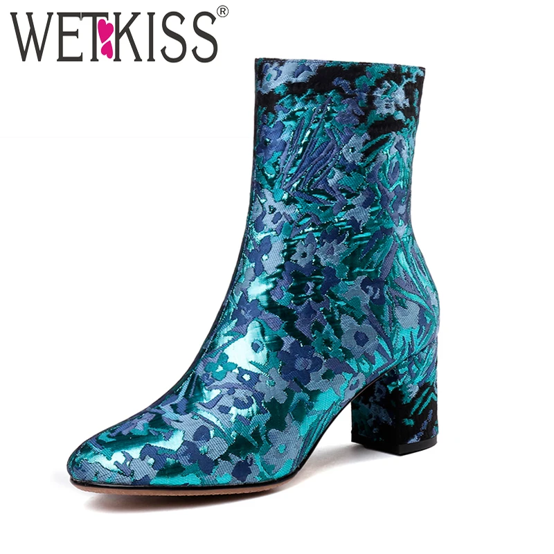 Kopen WETKISS Dikke Hoge Hakken Vrouwen Laarzen Zip Ronde Neus Schoenen Zijde Vrouwelijke Boot Schoenen Vrouwen 2018 Winter Zwart Nieuwe Plus maat 33 43