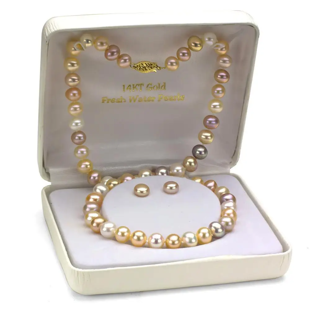 

elegant 9-10mm south sea round pink multicolor pearl necklace 18inch earring