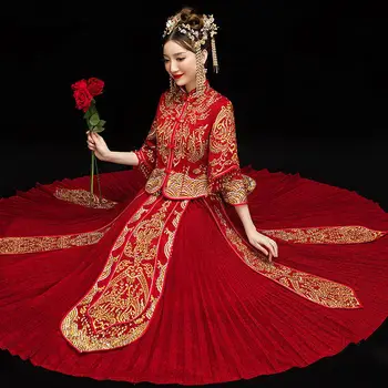 

Ancient Royal Female Wedding Qipao Traditional Embroidery Marriage Suit Red Classic Asian Bridal Cheongsam Pleated Dress S-XXL